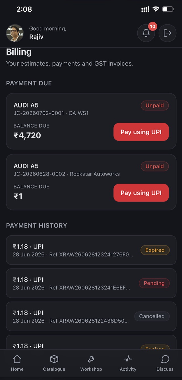 xRAW billing and payments screen