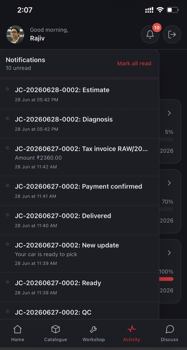 xRAW notifications and updates screen